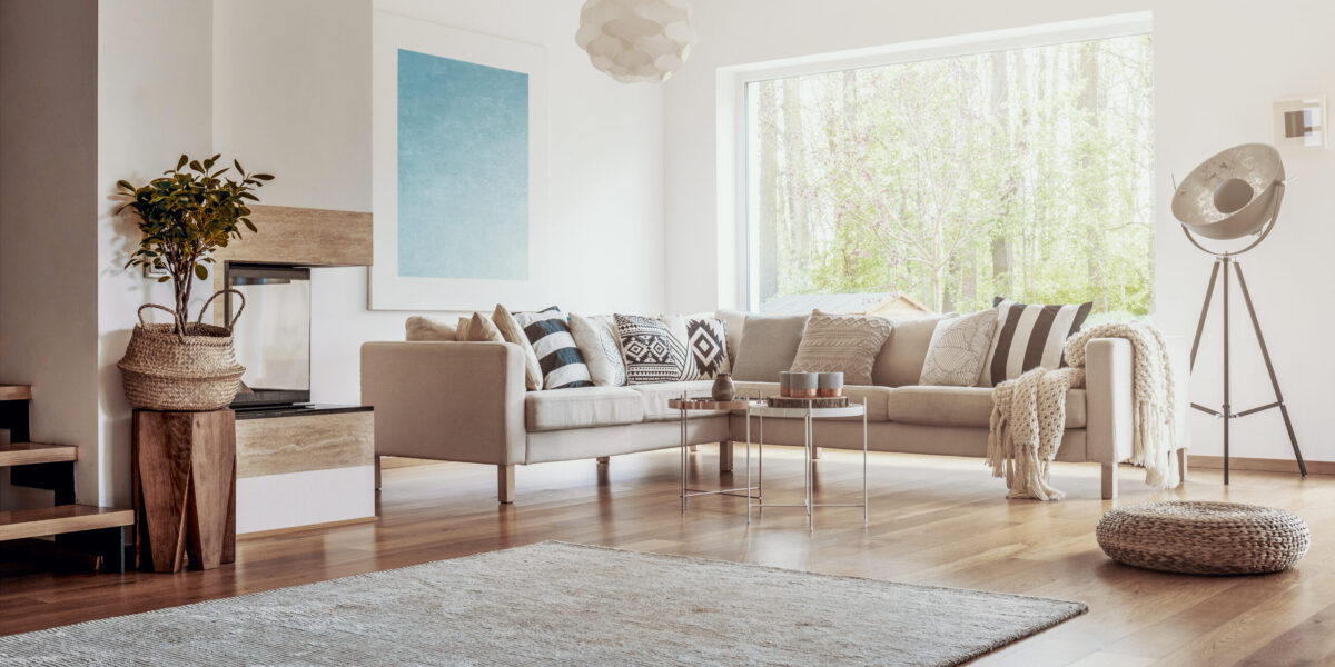 Open space, white living room interior with a big rug on dark, h